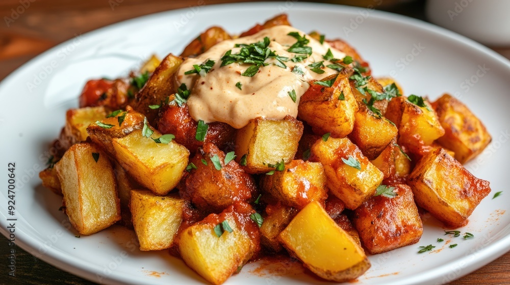 Spanish patatas bravas with spicy tomato sauce and aioli on a white plate. Spanish patatas bravas with spicy tomato sauce and aioli on a white plate.