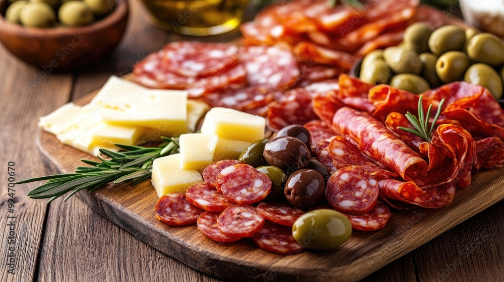 Spanish tapas assortment with olives, chorizo, and cheese on a wooden board. Spanish tapas assortment with olives, chorizo, and cheese on a wooden board.