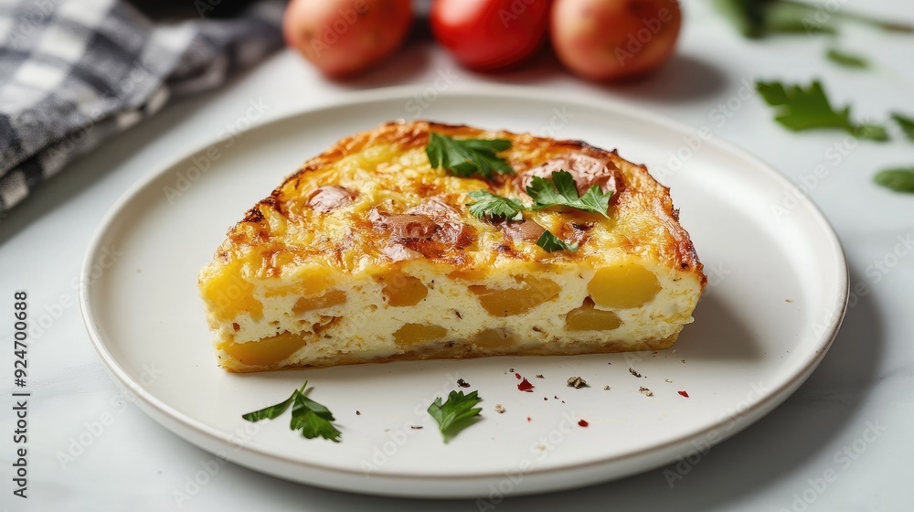 Spanish tortilla de patatas with eggs and potatoes on a white plate. Spanish tortilla de patatas with eggs and potatoes on a white plate.