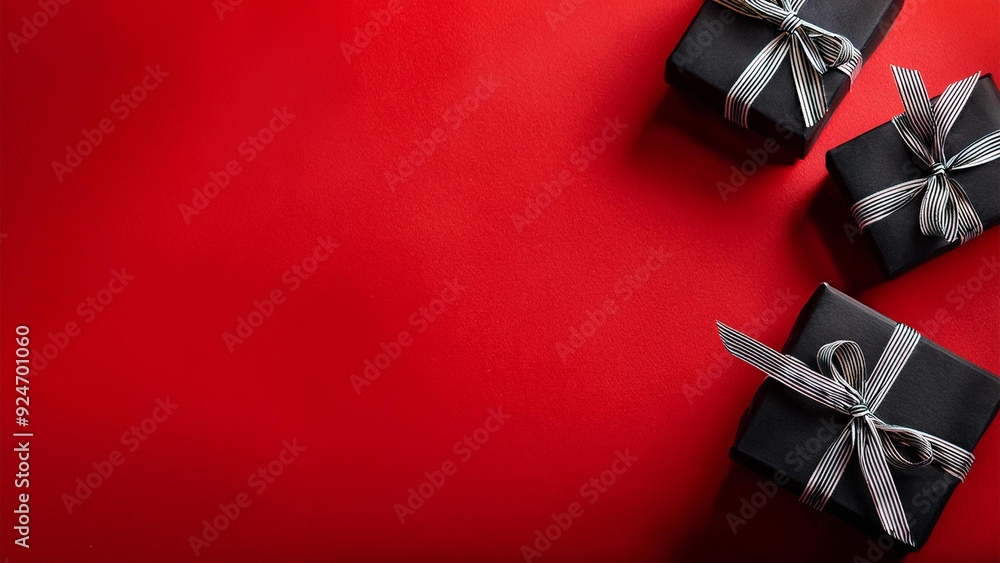 Red background with black gift boxes lying on it, top viewn Red background with black gift boxes lying on it, top viewn