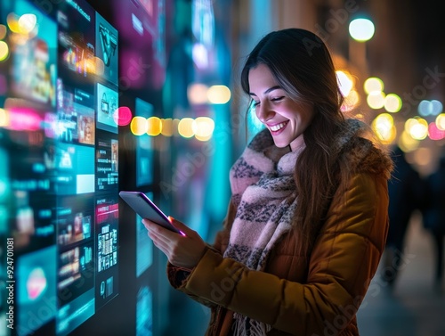 Smiling woman using phone for online shopping amid virtual screens in urban setting at night photo