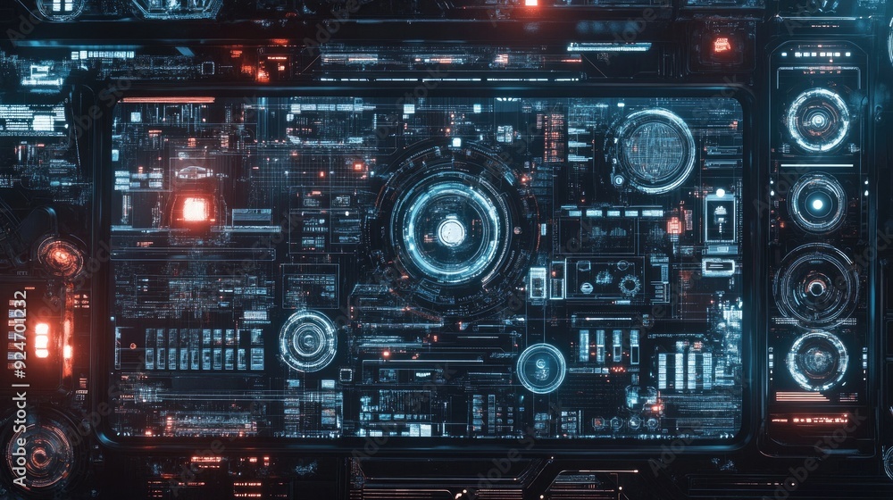 Top view of a futuristic interface on a digital tablet, with copy space in the bottom half Top view of a futuristic interface on a digital tablet, with copy space in the bottom half
