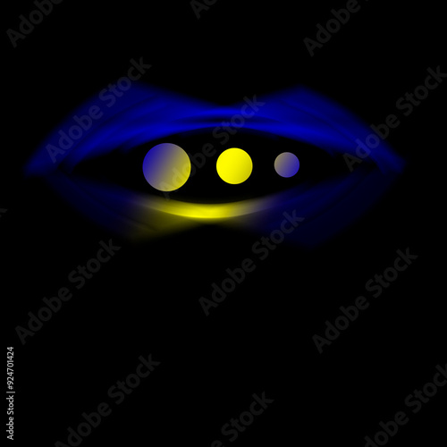 Square black background. Conceptual fantasy graphic of an alien or avatar eye portal. blue oval shape with blurred edges. Illusion of depth, dimension and distance. 3 yellow and blue orbs or planets.