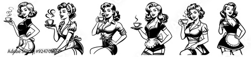 pinup girl drink coffee, black vector illustration, pin-up woman silhouette character