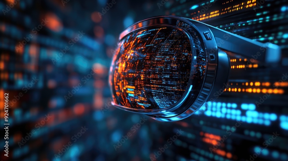 Top view of VR glasses on a digital matrix background, with copy space on the left side Top view of VR glasses on a digital matrix background, with copy space on the left side