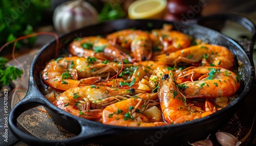 Traditional Spanish Shrimp with Garlic and Parsley, Delicious Dish