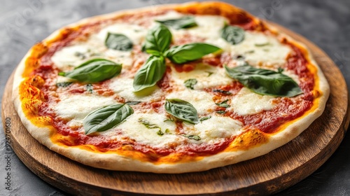 Traditional Italian pizza margherita with fresh basil leaves and mozzarella cheese on a wooden board.