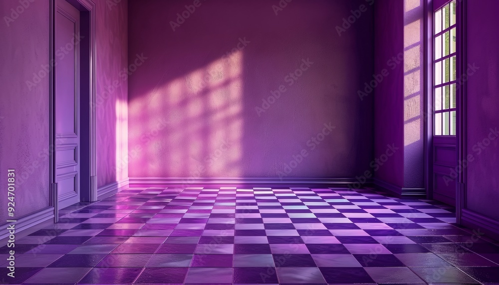 Empty Room with Purple Wall and Patterned Tiled Floor, Space for Creativity Empty Room with Purple Wall and Patterned Tiled Floor, Space for Creativity