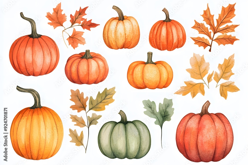 Set of autumn pumpkins and leaves, watercolor Set of autumn pumpkins and leaves, watercolor