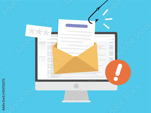 Fishing email on pc computer, Hacking password data, Digital cyber crime, Fishing hook to document on computer monitor screen.