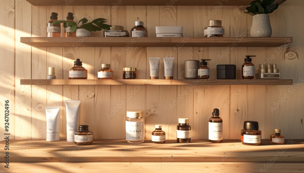Artisanal Skincare and Beauty Products on Wooden Shelves Artisanal Skincare and Beauty Products on Wooden Shelves