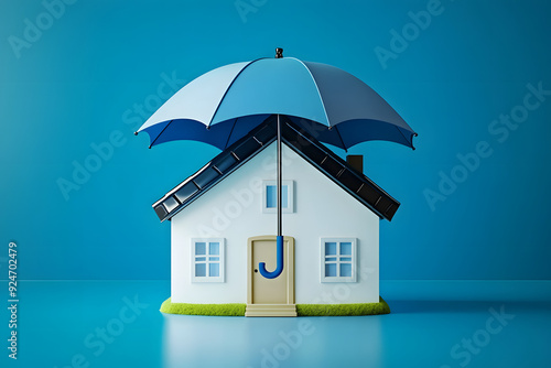 Umbrella Shielding House Icon on Blue Background