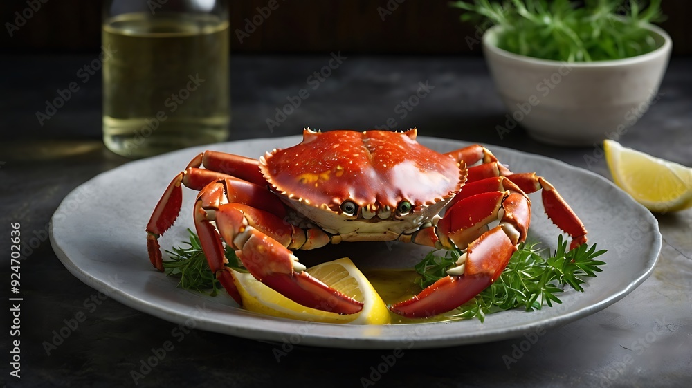 Lobster or crab with Herbs, lemon. Delicious healthy traditional food served for lunch in modern gourmet cuisine restaurant Lobster or crab with Herbs, lemon. Delicious healthy traditional food served for lunch in modern gourmet cuisine restaurant