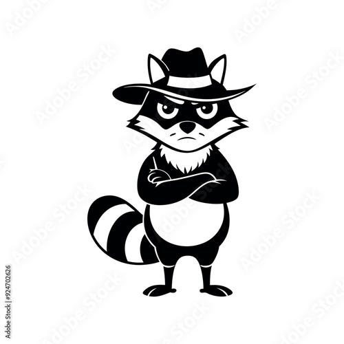 Cute cartoon raccoon in logo, icon style, 2d flat doodle illustration. Black and white, Raccoon Cartoon photo