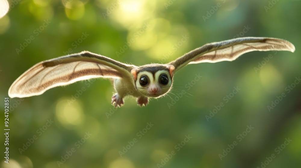 Fototapeta premium A Sugar Glider in mid-flight, looking at the camera.