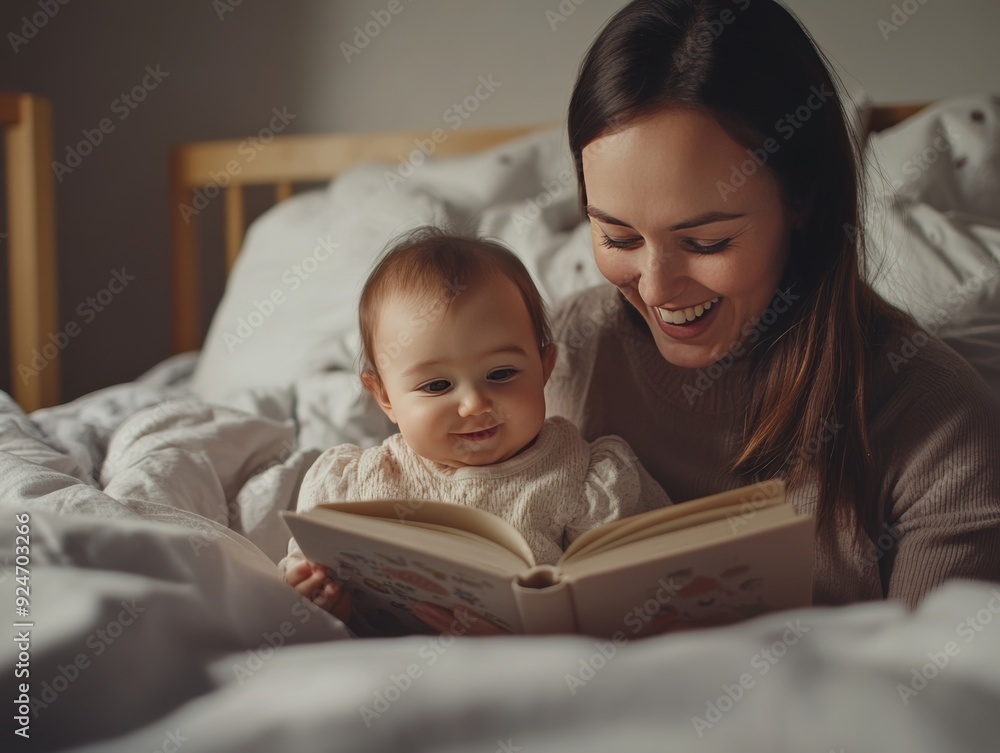 Caring mother reading stories to mixed race daughter in bed happy family morning ritual Caring mother reading stories to mixed race daughter in bed happy family morning ritual