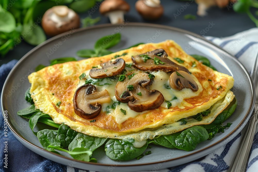 A freshly made spinach, mushroom and melted cheese omelette A freshly made spinach, mushroom and melted cheese omelette