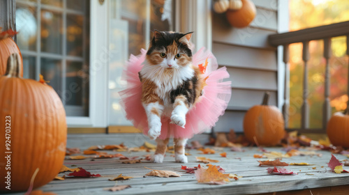 Calico Cat in Tutu on Fall Porch photo