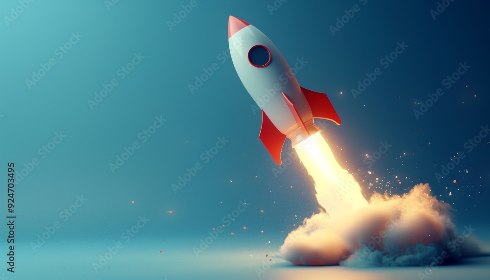 3D Rocket Launching on Blue Background with Clouds 3D Rocket Launching on Blue Background with Clouds