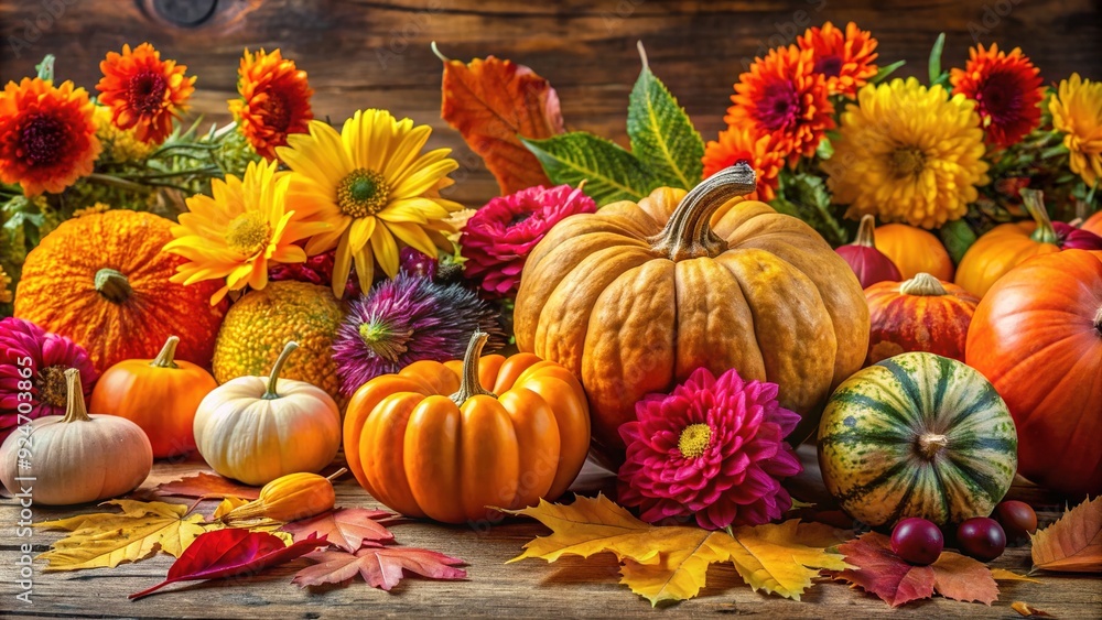 Vibrant autumnal background featuring a colorful arrangement of pumpkins, fallen leaves, and chrysanthemum flowers, evoking a cozy sense of fall harvest and seasonal celebration. Vibrant autumnal background featuring a colorful arrangement of pumpkins, fallen leaves, and chrysanthemum flowers, evoking a cozy sense of fall harvest and seasonal celebration.