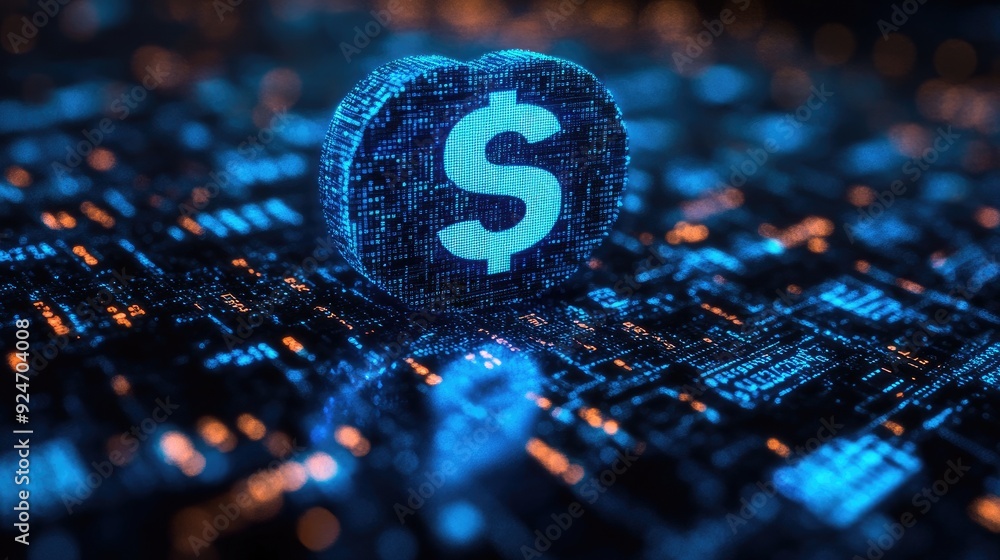 Fototapeta premium AI Financial Transactions Depicted with a Digital Blue Background Representing Modern Technology and Security