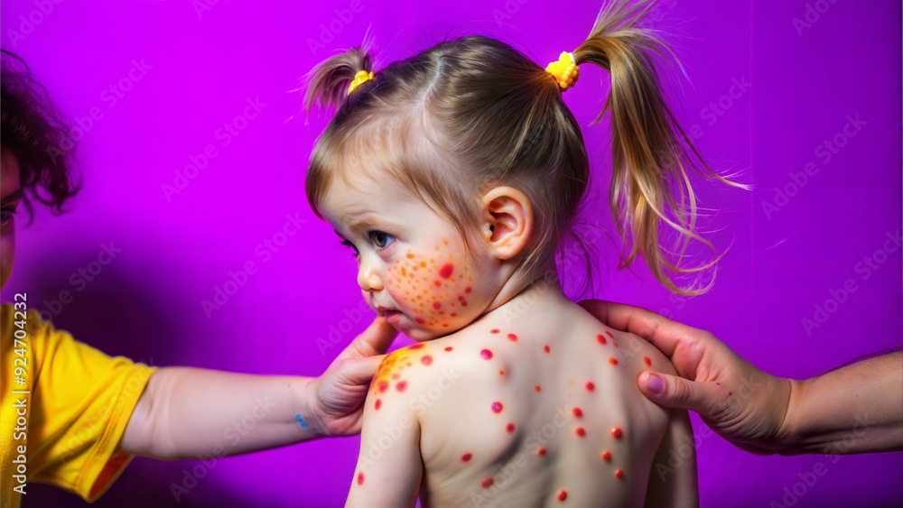 Toddler scratching chickenpox rash on her shoulder Toddler scratching chickenpox rash on her shoulder