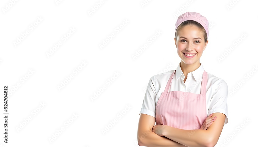 Portrait of a Smiling Waitress or Chef and Food Service Professional, Isolated on a White Background with Ample Copy Space for Custom Text