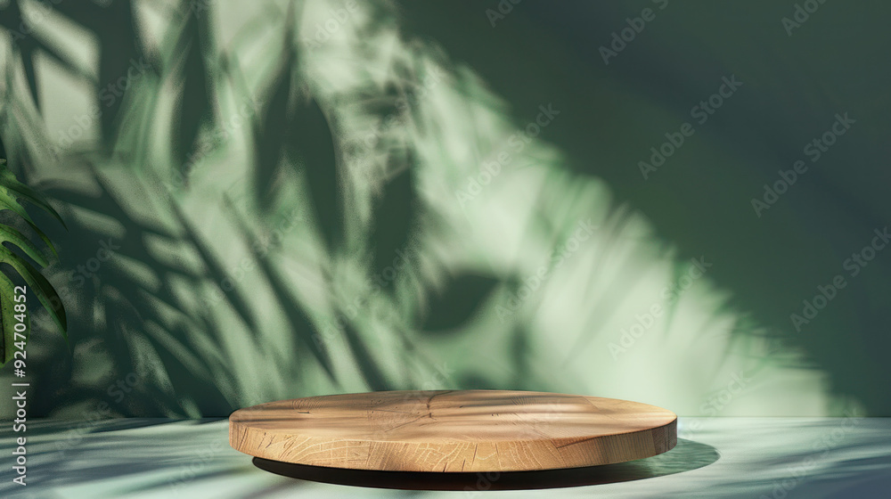 Fototapeta premium Wooden Podium on Green Background