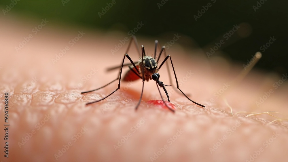 Close-up of a mosquito feeding on human skin Close-up of a mosquito feeding on human skin