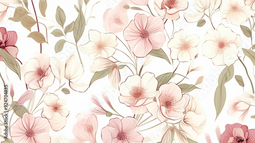 Design an elegant pattern featuring delicate pastel pink and cream flowers, each with fine lines for depth against the white background.seamless wallpaper, patterns, background, backdrop, wallpaper 