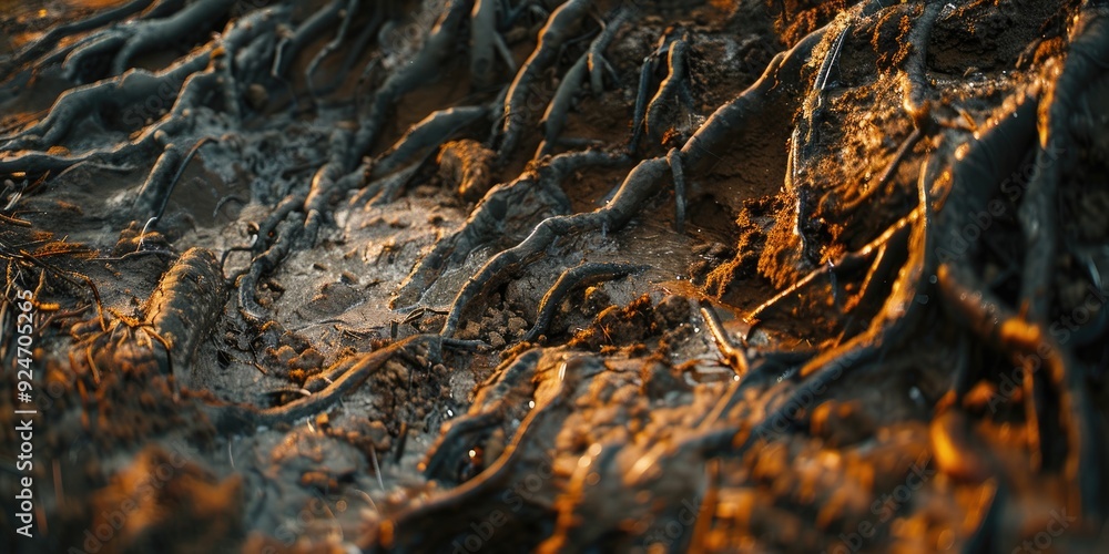 Black tree roots mud and sandstone exposed by a landslide Black tree roots mud and sandstone exposed by a landslide