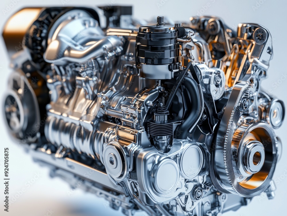 Fototapeta premium Abstract 3d v8 car engine rendering on black background with orange and grey elements