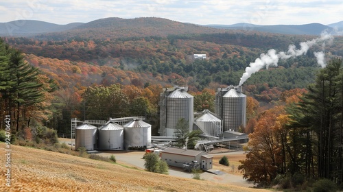 Large industrial wood pellet plant with smoke emerging from tall chimneys during production