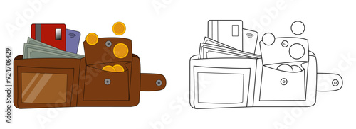 An illustration of a wallet with coins, banknotes and cards. An open wallet. Finance and money illustration. An outline drawing of a wallet. A colored illustration of a wallet with money.