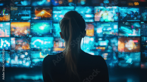 A woman is looking at a computer monitor with many screens. The screens are all different colors and sizes, and the woman is focused on the monitor. Concept of technology and modernity