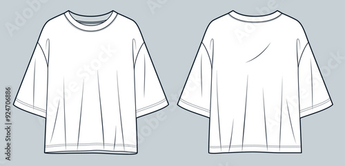 Unisex T-Shirt fashion flat tehnical drawing template. Half Sleeve T-Shirt technical fashion illustration, oversize, front and back view, white, women, men, unisex Top CAD mockup.
