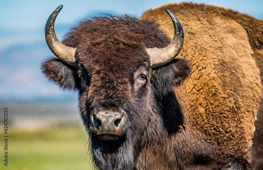 Great bison with big horns portrait Great bison with big horns portrait
