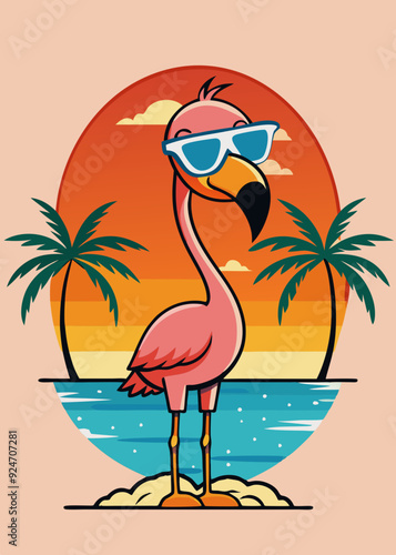 flamingo with sunglass on beach sunset vector mascot design generative AI.