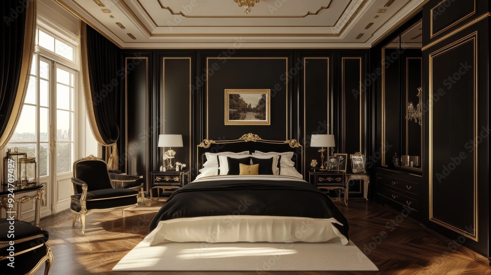 Fototapeta premium Black-and-white bedroom with gold touches and wood floors.