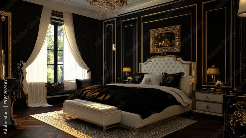 Chic black and white bedroom with gold accents and wood floors. Chic black and white bedroom with gold accents and wood floors.