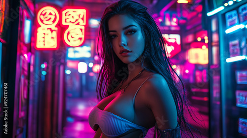 An athletic woman with a perfectly sculpted body and long hair cascading down her back. Her skin shines with cold shades under the neon light of the metropolis.