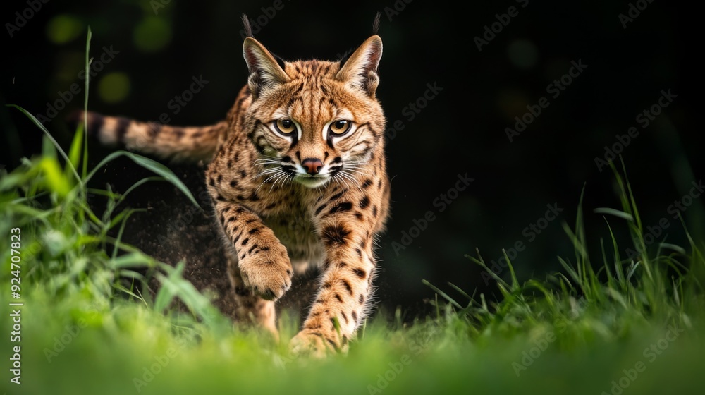 A wild cat runs through tall grass with a determined look on its face. A wild cat runs through tall grass with a determined look on its face.