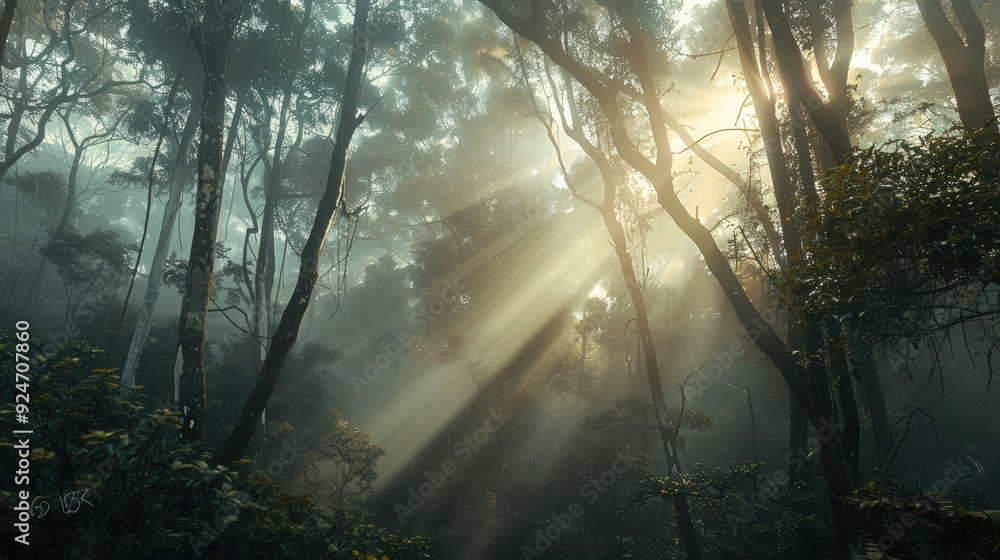 Sunbeams Through Mist in a Dense Forest Sunbeams Through Mist in a Dense Forest