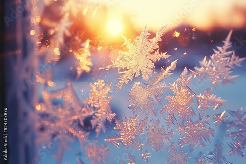 Macro Ice Crystals Forming on Window with Sunrise Warmth Behind