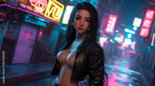 An elegant woman with a prominent abs and long hair flowing down her back. Her skin, illuminated by neon lights, shimmers with cold shades in the night.