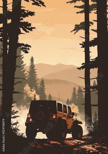 SUV all terrain vehicle in the wild, Vintage poster. AI generated