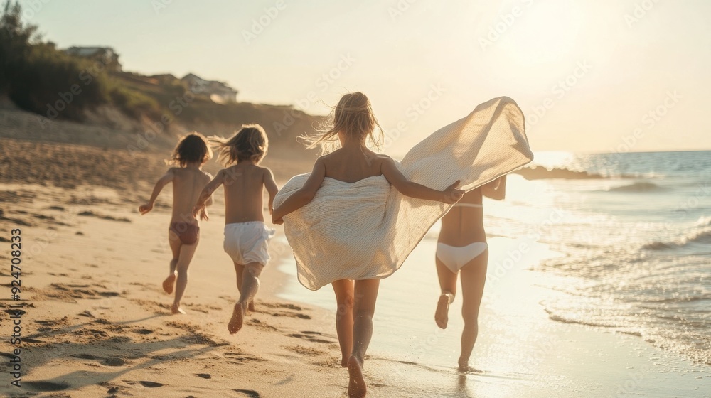 Children run from sea to mother on beach, towel in hand Children run from sea to mother on beach, towel in hand