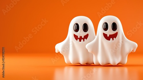 Two cute white ghosts stand together and smile with red mouths on a bright orange background, perfect for fun Halloween decorations and kid-friendly party designs.