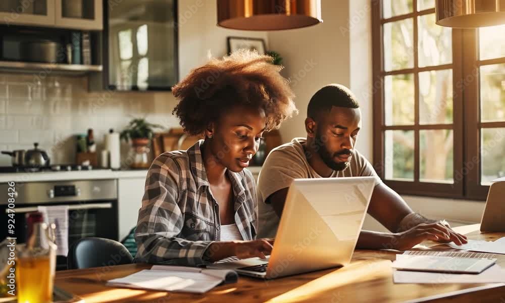 A man and woman focus intensely on their laptops in a warm, inviting kitchen, illuminated by the golden rays of the afternoon sun A man and woman focus intensely on their laptops in a warm, inviting kitchen, illuminated by the golden rays of the afternoon sun