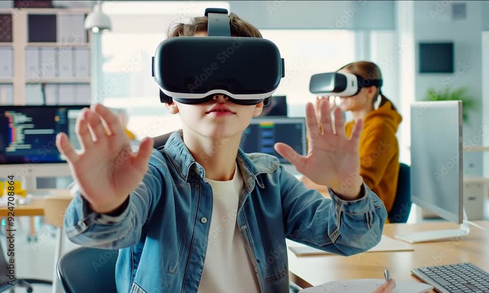 A young boy engages with virtual reality technology, experiencing digital worlds while seated at a desk in a creative workspace A young boy engages with virtual reality technology, experiencing digital worlds while seated at a desk in a creative workspace